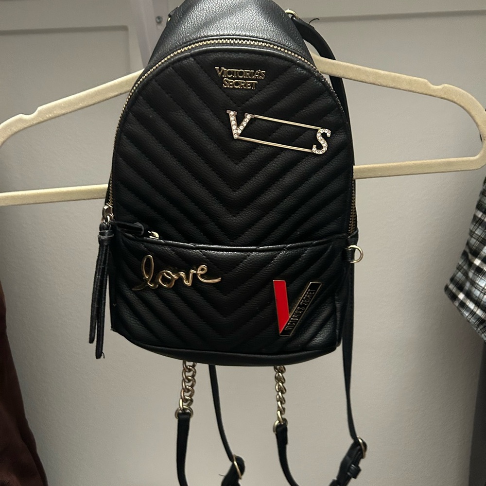 Victoria's Secret Black Chevron Backpack with Gold Accents